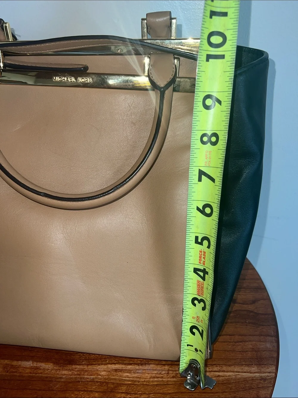 Michael Kors Two-Tone Tan & Black Leather Satchel with Gold Hardware